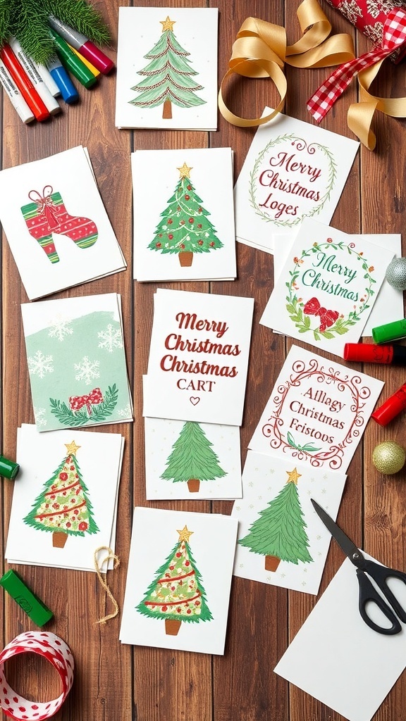 A variety of handmade Christmas cards with festive designs on a wooden table, surrounded by crafting supplies.